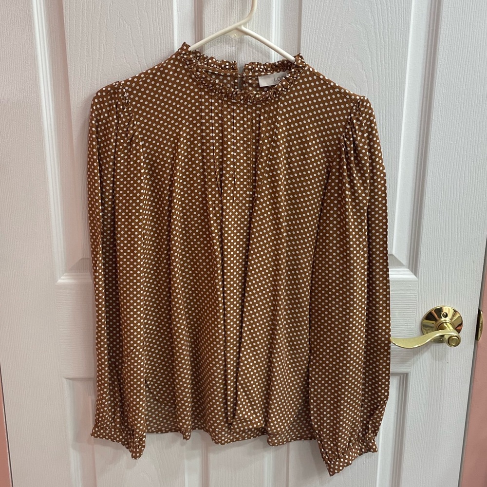 NWOT LOFT White Polka Dot on Brown Long-Sleeve High-Neck Blouse